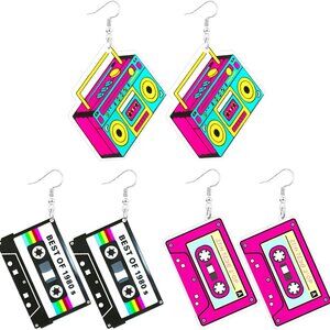 80s 90s Neon Earrings for Women Retro Cassette Tape Hoop Earring Candy Color Lig